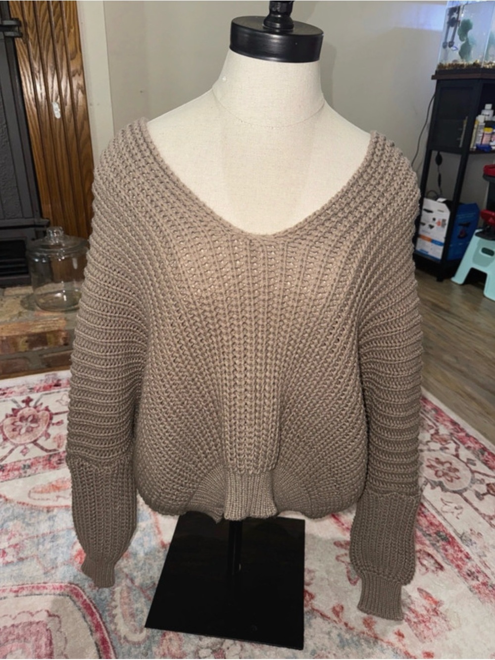 Pol Taupe V-Neck Chunky Knit Sweater